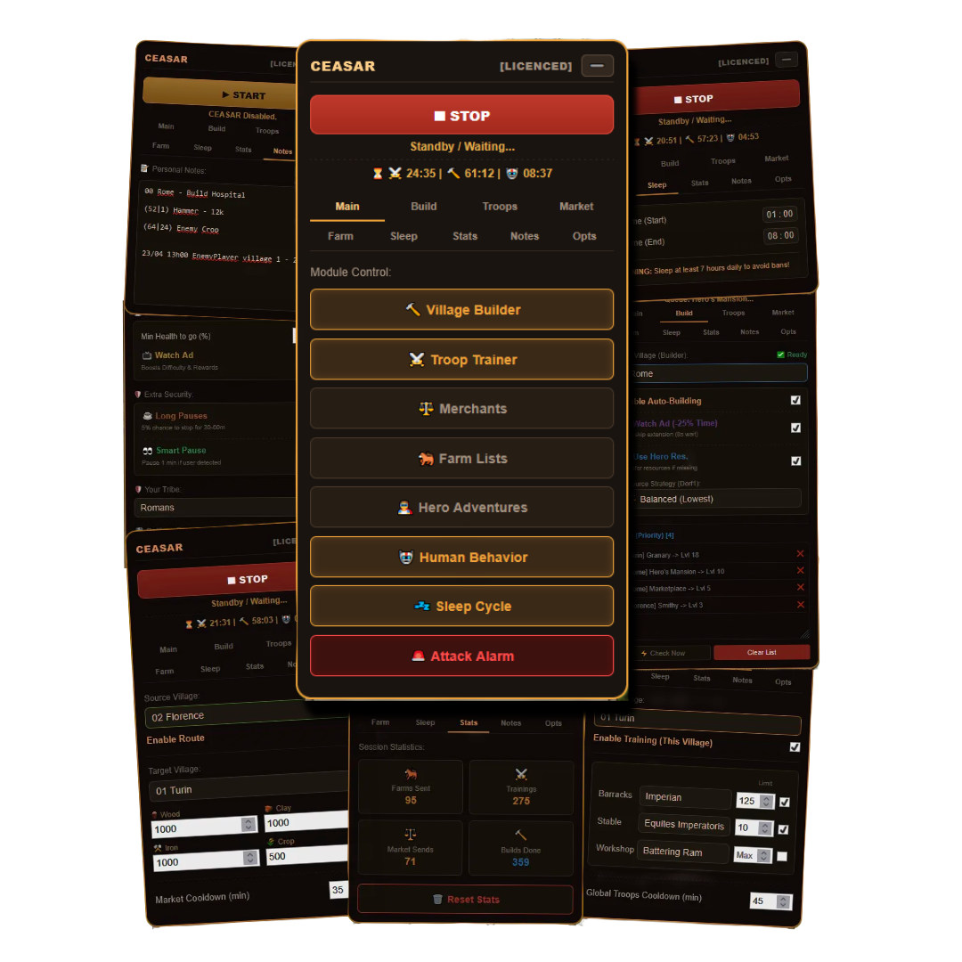 CEASAR Travian bot interface for farming and village builder